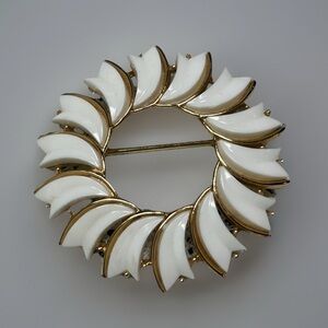 Trifari Gold and White Leaf Brooch
